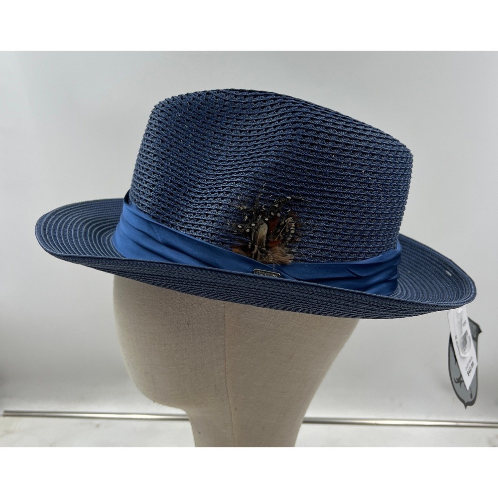 Stacy Adams Fedora Hat Men's Large Blue Polybraid Straw Feather Crest Pin NWT